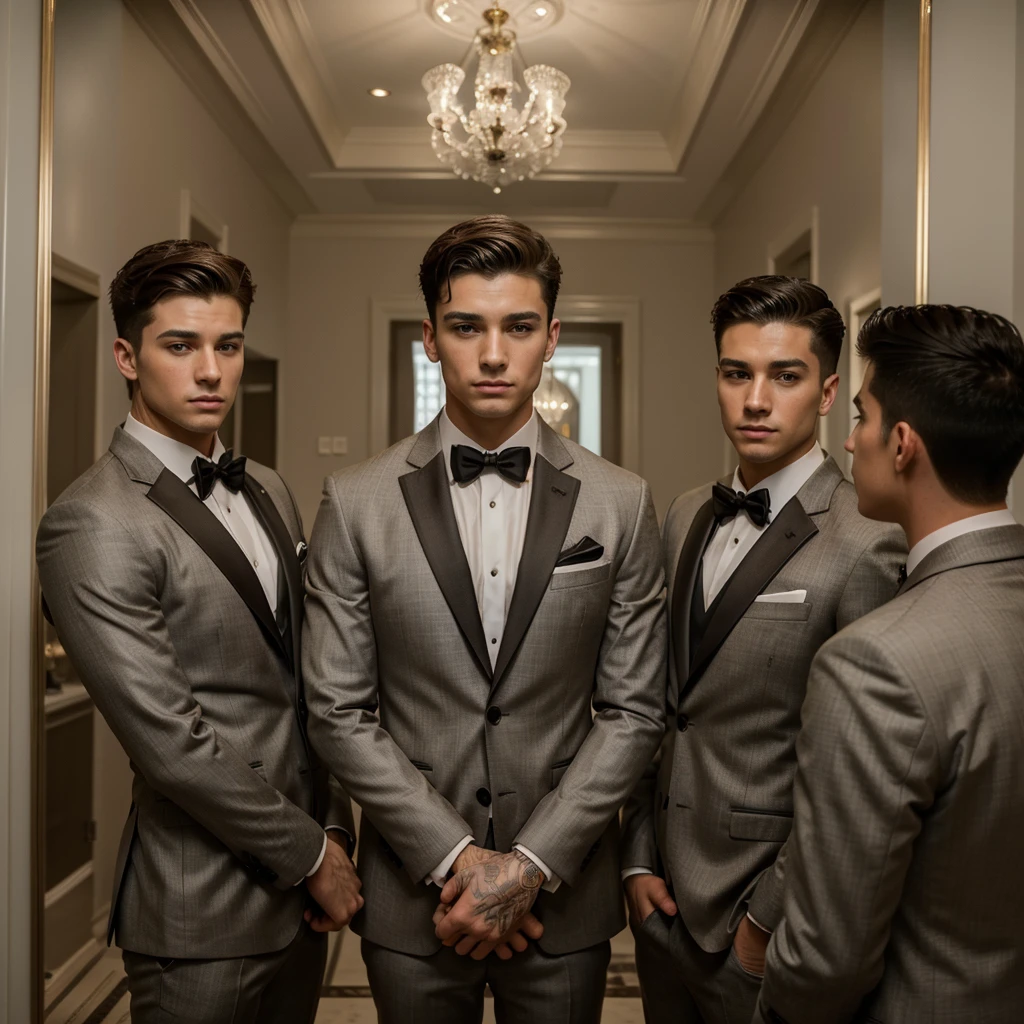 Three 25-year-old boys, with a masculine appearance, wearing a suit , like groomsmen . The scene depicts a masterpiece of art, showcasing the boy's professional and wealthy lifestyle. The image is of the best quality, with ultra-detailed features. The color tone is rich and vibrant ,masterpiece, ultra realistic, detailed face, detailed fingers