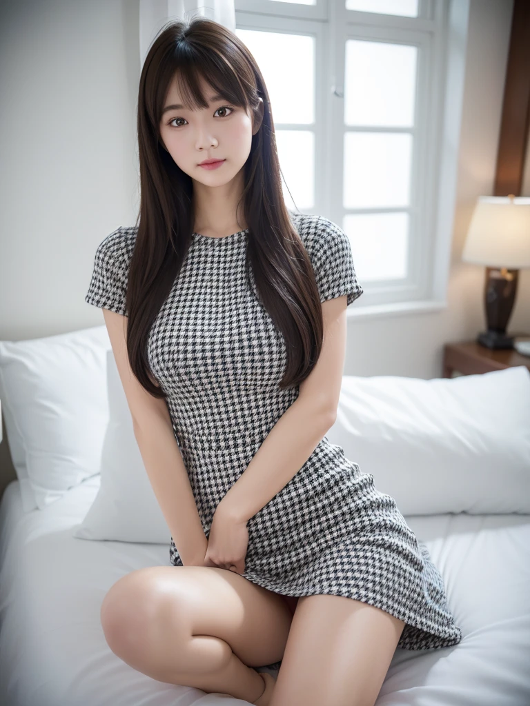 Houndstooth dress、(Highest quality)、((Very detailed))、4K、(8K)、masterpiece、Very detailedな、Highest quality、Super Resolution、1 person、Kind Face、Soft Light、RAW quality、Soft Skin、163cm、White Room:1.5、Thighs、bouquet