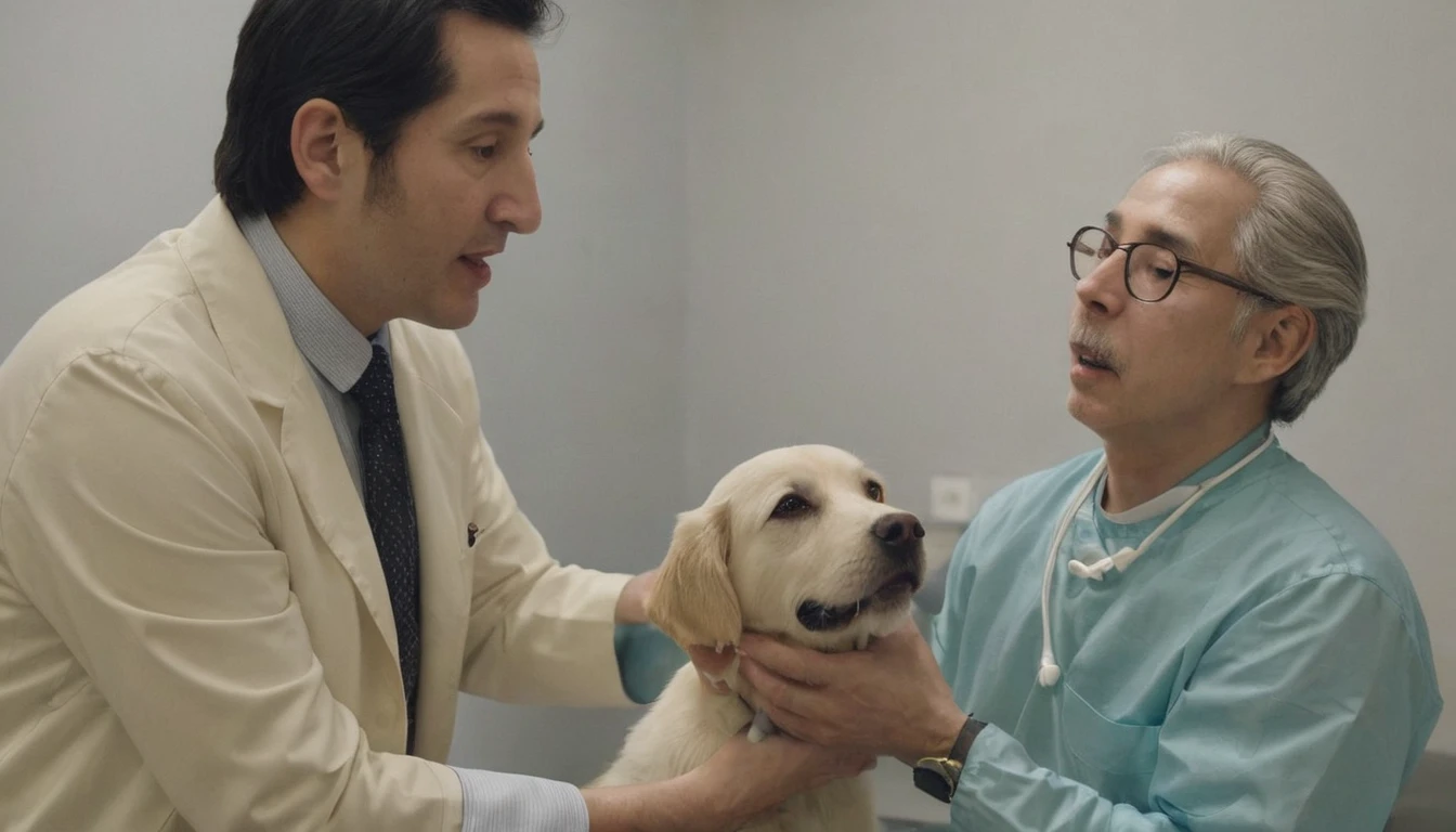 Dr. Boris Levinson interacting with a dog alongside his patient.。The patient's expression softens、Dr. Levinson watches over him with a kind gaze.