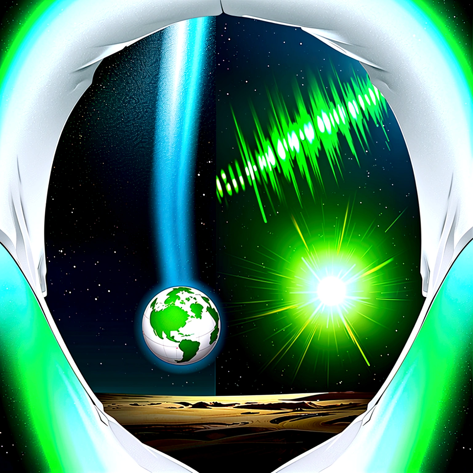 green and white planet, seen from space, a ship like star wars, made of shiny metal flying in the orbit of this planet, make the image very dramatic and surreal