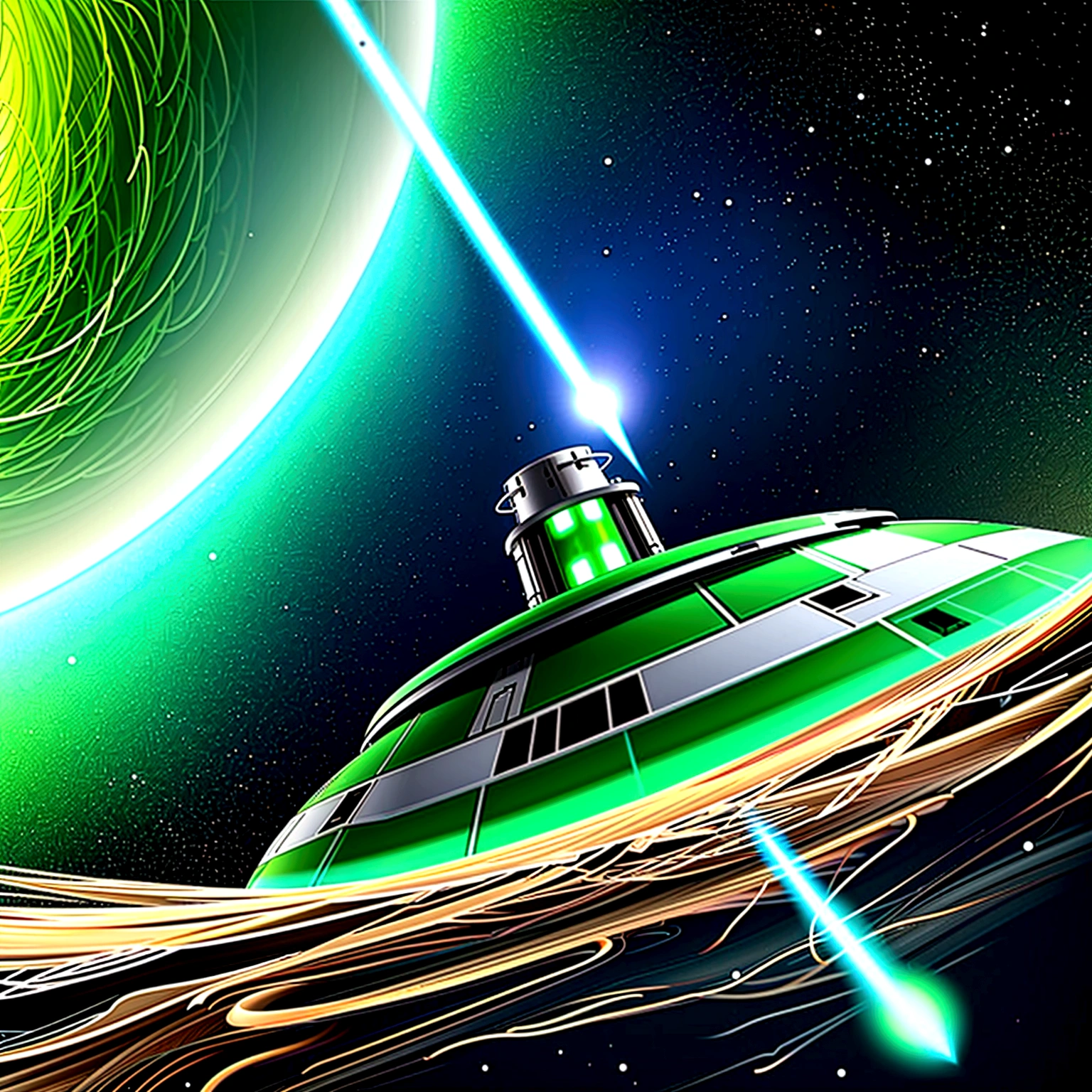green and white planet, seen from space, a ship like star wars, made of shiny metal flying in the orbit of this planet, make the image very dramatic and surreal