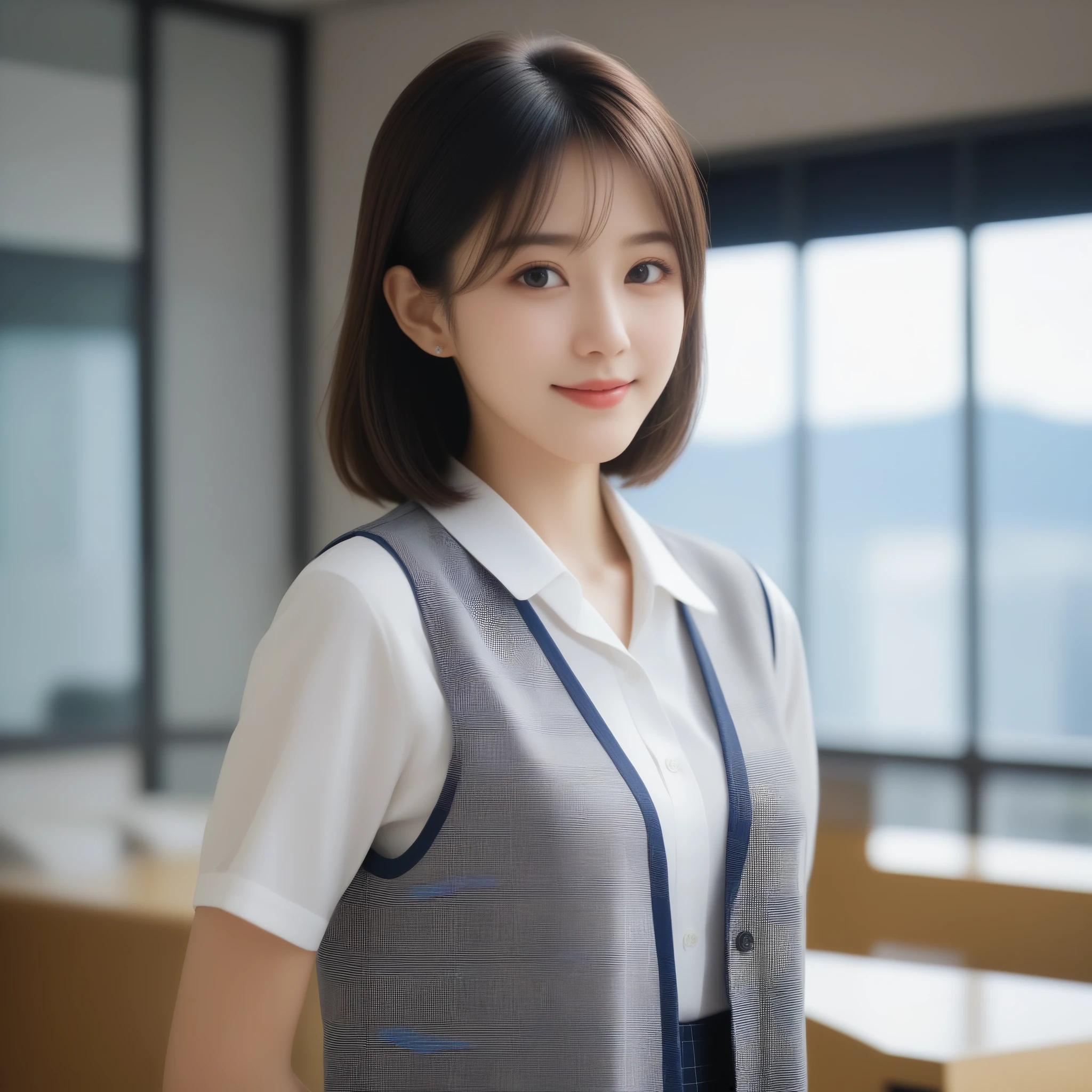 8K, Ultra-high resolution, Highest quality, masterpiece, 三分割法によるphotograph,Surreal, photograph, 1 girl, (16 years old:1.3), pretty girl, Cute face, Beautiful eyes in every detail, 細かくdetailedに,masterpiece,, One Girl:1.2, Japan Female Announcer,whole body、Black Hair、well-groomed eyebrows、Cute Lip Makeup,1 Woman Standing, office worker, (White and grey checked vest:1.2) (Navy pencil skirt) , (Modern office indoors), Cityscape of windows, detailedな背景,Cute gestures、so beautiful,A carefree smile,Healing the heart,blunt bangs,Looking at the audience、beauty,Long neck、Laugh a little、Please close your mouth and laugh、(((Ideal body type))),A-cup small breasts :2,、Portraiture:2、Perfect ???????、鮮明なdetailed、detailed、Surreal、Light and shadow,Strong light