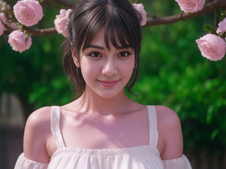 Medium View, Medium Shot, Written boundary depth, bust, Upper Body, Cinematic Angles, masterpiece, highest quality, Very detailed, cg, 8K Wallpaper, Beautiful Face, Delicate eyes, Otome, alone, smile, bangs, have,white colored dresses, bow, petal, bouquet