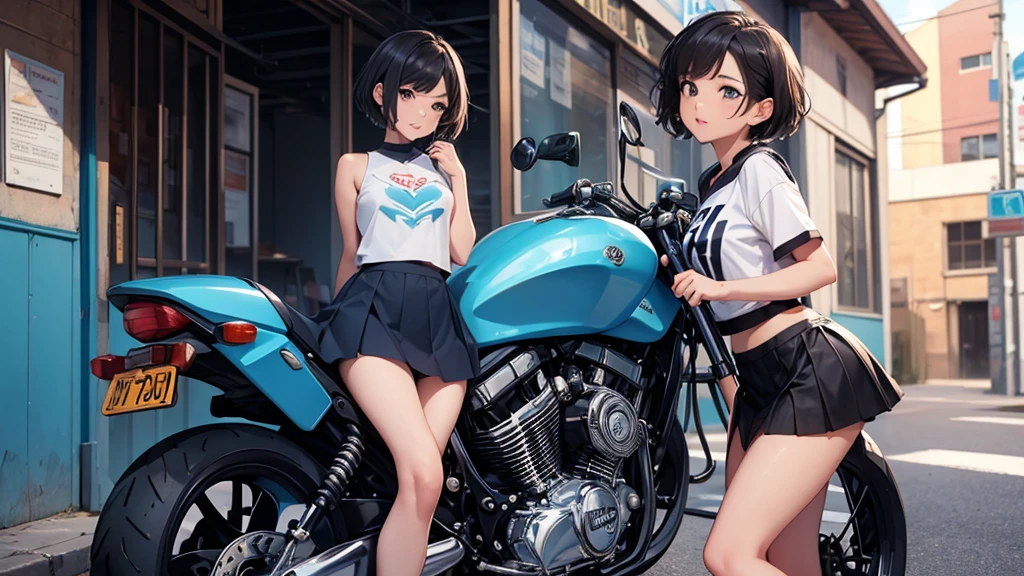 masterpiece, Highest quality, View Viewer, look up, Kiss the viewer, noon, Alley, ZOOMER, mini skirt, Close your mouth,short hair,One person,blue sky, Motorbike