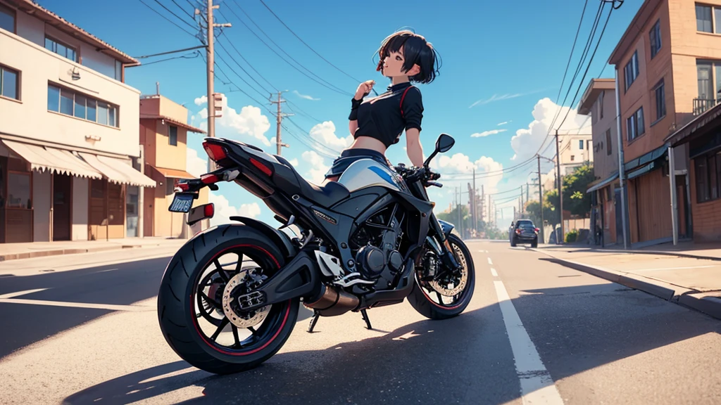masterpiece, Highest quality, View Viewer, look up, Kiss the viewer, noon, Alley, ZOOMER, mini skirt, Close your mouth,short hair,One person,blue sky, Motorbike
