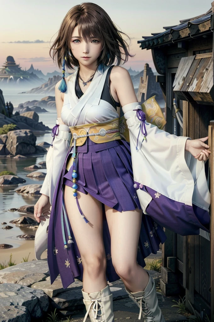 (masterpiece, best quality:1.3)
YunaFF10,  1girl, solo, looking at viewer, smile, short hair, blue eyes, skirt, brown hair, hair ornament, jewelry, , green eyes, standing, full body, boots, detached sleeves, japanese clothes, bra, heterochromia, hakama, hakama skirt, blue hakama, purple hakama, yuna (ff10)