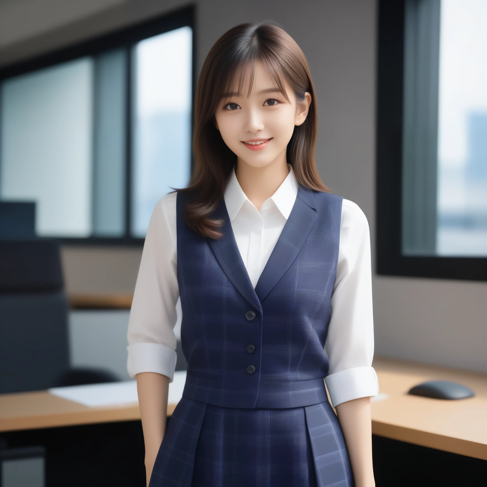 8K, Ultra-high resolution, Highest quality, masterpiece, 三分割法によるphotograph,Surreal, photograph, 1 girl, (:1.3), pretty girl, Cute face, Beautiful eyes in every detail, 細かくdetailedに,masterpiece,, One Girl:1.2, Japan Female Announcer,whole body、Black Hair、well-groomed eyebrows、Cute Lip Makeup,1 Woman Standing, office worker, (White and grey checked vest:1.2) (Navy pencil skirt) , (Modern office indoors), Cityscape of windows, detailedな背景,Cute gestures、so beautiful,A carefree smile,Healing the heart,blunt bangs,Looking at the audience、beauty,Long neck、Laugh a little、Please close your mouth and laugh、(((Ideal body type))),A-cup small breasts :2,、Portraiture:2、Perfect Anatomy、鮮明なdetailed、detailed、Surreal、Light and shadow,Strong light