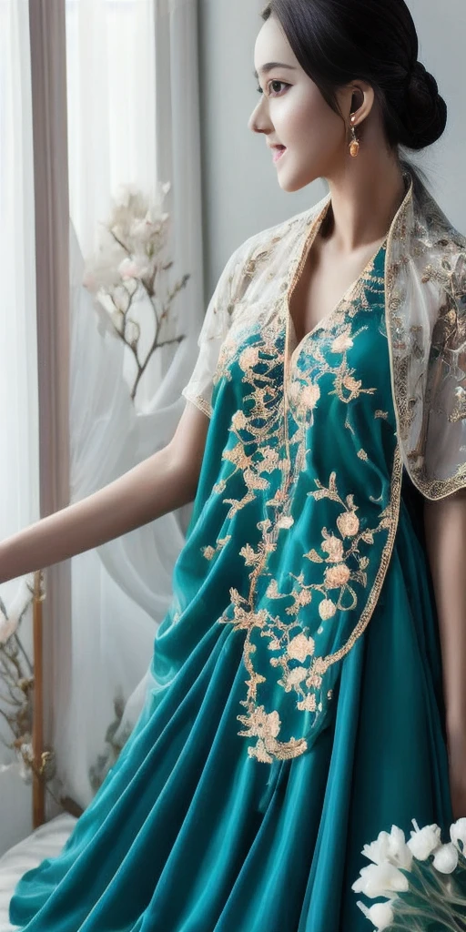 Medium close up, Beautiful bedroom interior, Bed, beautiful russian girl, (open yukata kimono to nipple tip: 0.9), nsfw, take off clothes, (?????? tip), UHD, 32k, reality, photo, real, albino, bright blue eyes  , blue earrings, jewelry, pearl necklace, collar, seductive smile, extremely beautiful eyes, delicate perfect face, perfect hand, maximum precision, precise perfect human body structure, appeal to the audience, skin moisturizing, dynamic angle --ar4:3  