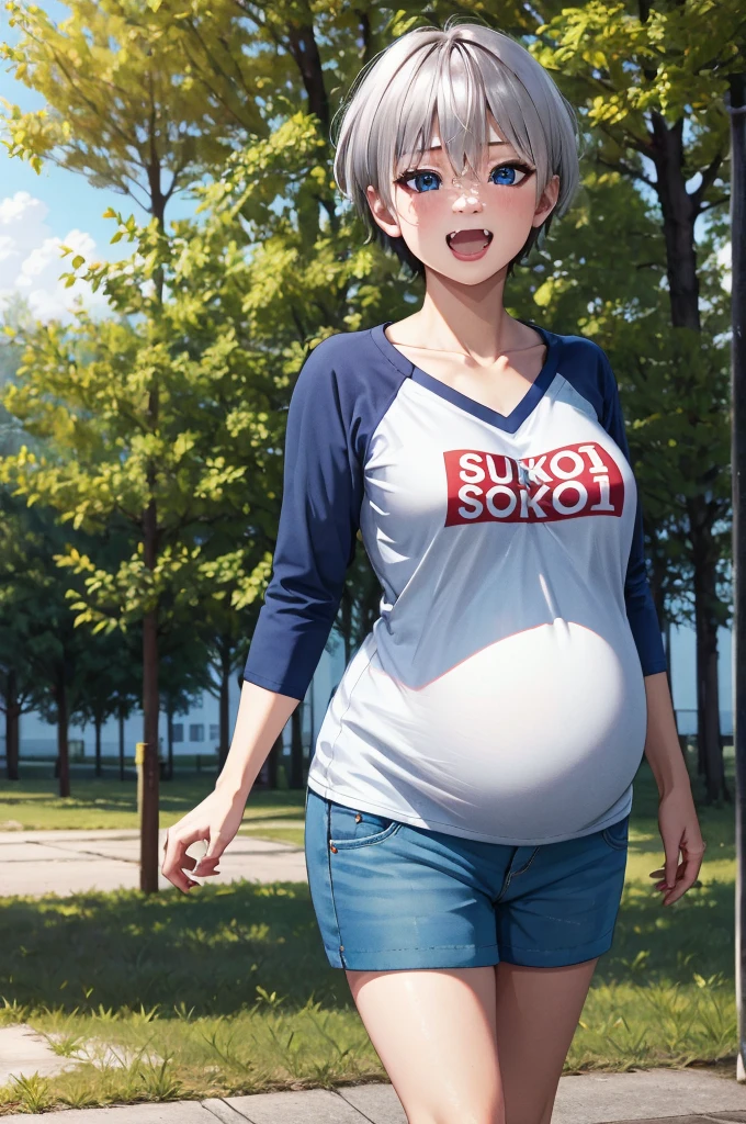 uzaki, uzaki hana, uzaki chan wants to hang out, masterpiece, best quality, highres, shirt, collarbone, fang, short hair, silver hair, fang, outdoors, , 
(((realistic))), ultra realistic, highres, absurdres, incredibly absurdres, 4k, hyper-pregnant 
