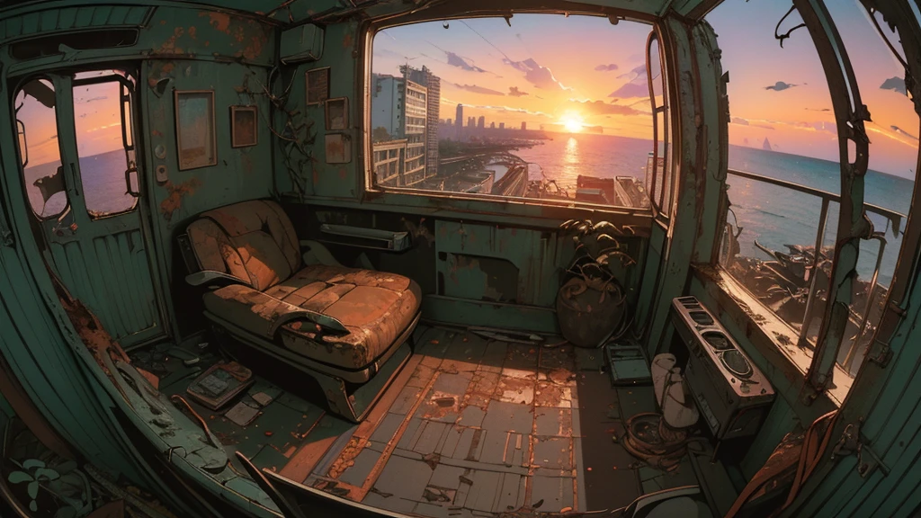 (((Fisheye))), very wide white background, extreme quality, masterpiece, 8k, depth of field, intricate details, (((unattended))), very large margins, lots of text, corporate logo, space, movie poster, (((abandoned building with sea view))), (((all covered with plants)))), nostalgia, (((sunset))), (((Broken and rusted car))), panorama, long shot, backlight, (((dull color))), (((black color))),broken door, (((Night))), (((future interior)))(best quality, 4k, highres, masterpiece:1.2), ultra-detailed, realistic:1.37, cyberpunk style cluttered room, more neon, many machines of unknown use, large windows with a sense of openness, sunny outside, s