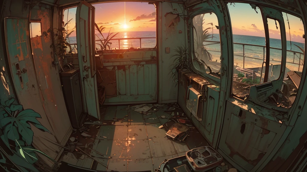 (((Fisheye))), very wide white background, extreme quality, masterpiece, 8k, depth of field, intricate details, (((unattended))), very large margins, lots of text, corporate logo, space, movie poster, (((abandoned building with sea view))), (((all covered with plants)))), nostalgia, (((sunset))), (((Broken and rusted car))), panorama, long shot, backlight, (((dull color))), (((black color))),broken door, (((Night))), (((future interior)))(best quality, 4k, highres, masterpiece:1.2), ultra-detailed, realistic:1.37, cyberpunk style cluttered room, more neon, many machines of unknown use, large windows with a sense of openness, sunny outside, s