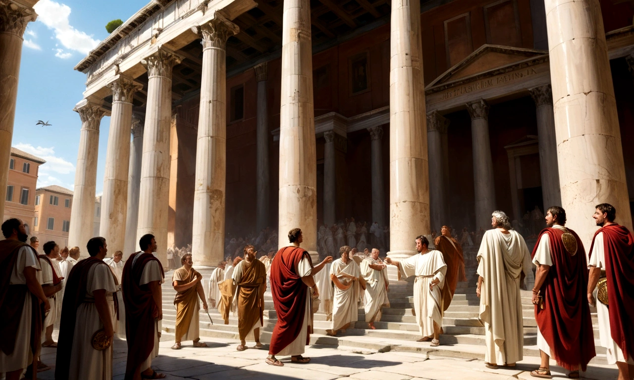 The painting depicts a vibrant scene in ancient Rome, with senators dressed in white robes arguing intensely under grand marble columns. Sunlight bathes the forum stairs, highlighting the imposing architecture and expressive faces of the speakers. Men in the background watch attentively, while the tension of the scene suggests fervent debates about the future of the Republic. The figures' clothing and posture capture the grandeur and gravity of the historical moment..