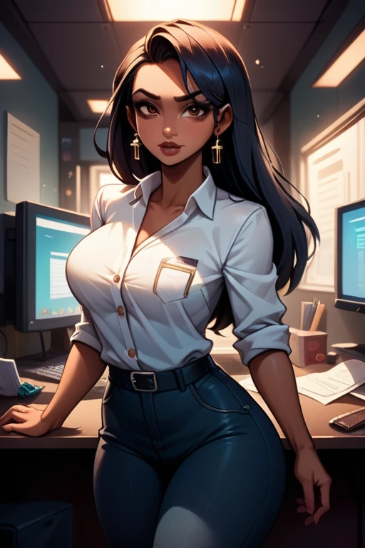 tall woman(brown eyes; long, straight black hair; large breasts; olive skin tone), Disney-style cgi, business casual attire; indoor high-tech office; futuristic; dystopian; cyberpunk; best quality; trending on artstation; complex volumetric lighting