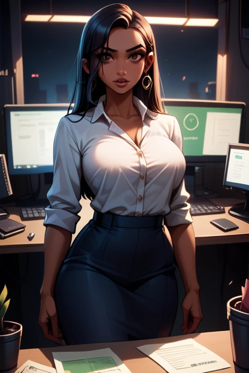 tall woman(brown eyes; long, straight black hair; large breasts; olive skin tone), Disney-style cgi, business casual attire; indoor high-tech office; futuristic; dystopian; cyberpunk; best quality; trending on artstation; complex volumetric lighting