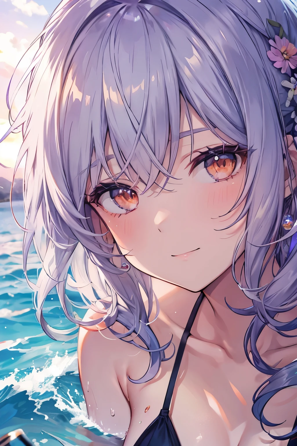 masterpiece, Highest quality, Beach, 1 Girl, Gray Hair, (Orange eyes), Happy, Delicate face, (Purple Bikini), (Purple Salon), Beautiful lighting, Depth of written boundary, A light smile, Lens flare