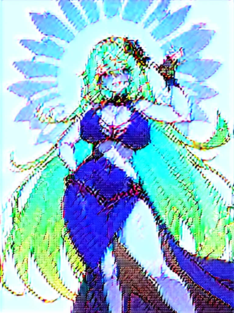 a female who has hazel eyes and green hair. Her true form is that of a tall, fully-grown curvaceous and well-endowed adult with long waving green hair. Notably, she has a scar and the crimson line that runs across her face, and pronounced lower canine teeth. Her gown is now torn into a skirt and a top, connected with a single strip across her abdomen.