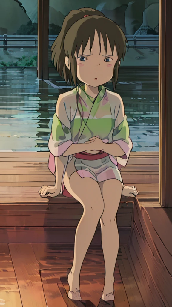 Chihiro Ogino, (Young girl:1.3), (10 :1.3), Ghibli style, One girl,, bangs, Iris, Black Hair, blush, alone, Happy , School swimming pool, spread legs, indoor, naughty face, (night:1.3), Nude, nsfw, necklace, ponytail, (A wet and transparent kimono:1.5), Showing off her chest, Sitting, spread legs, Showing her nipples