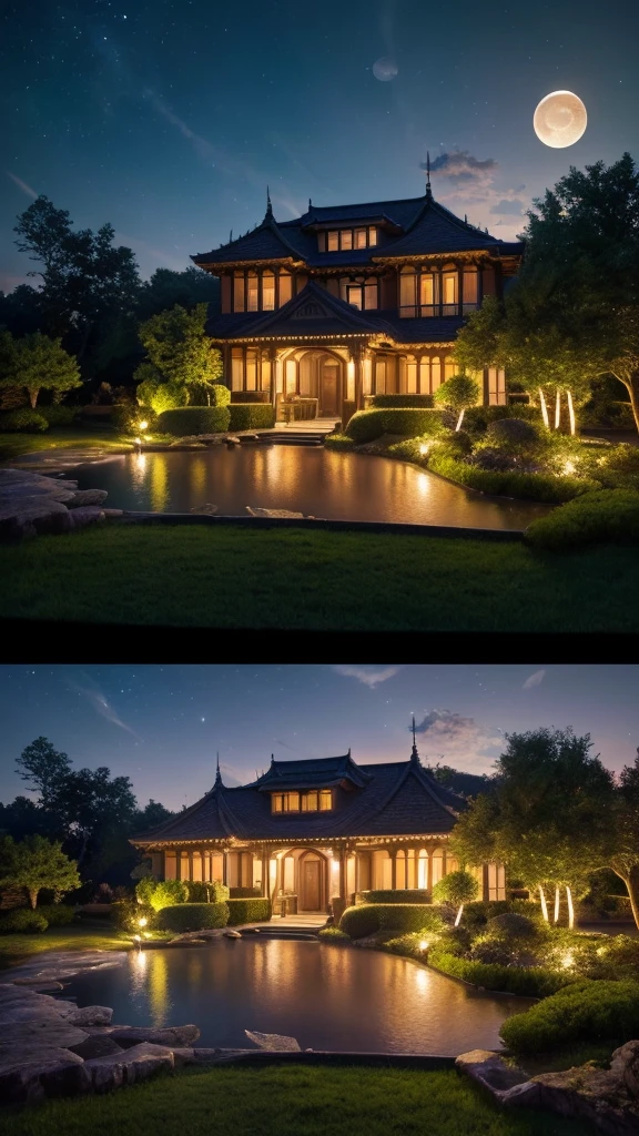 masterpiece, 8k wallpaper, Very detailed, 最high quality, high quality, landscape. ((真night中)), cloud, (((full moon, 星cloudと背景の星))), (Garden of the mansion，moonlight，Silver Dahlia), Panorama, , Detail enhancements, Detail enhancements, perfection. Award-winning photography, Depth of written boundary, High resolution, Photorealism, Very detailed, Complex, High detail, dramatic, ((Color images)), ((single image)), night, Realistic, ((Vibrant colors)), ((light light, light)), 