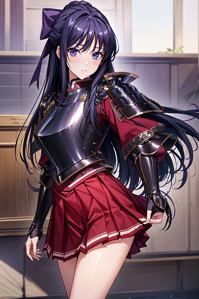 Highest quality、unity 8k wallpaper、32k、masterpiece、Very detailed、Ultra-high resolution、Very detailedな顔、RAW Photos、Professional、Ultra-fine painting、Fine metal texture、High quality fabric、Ryuzoji Akane、Hands on hips、Wearing armor、Pleated skirt、foot armor