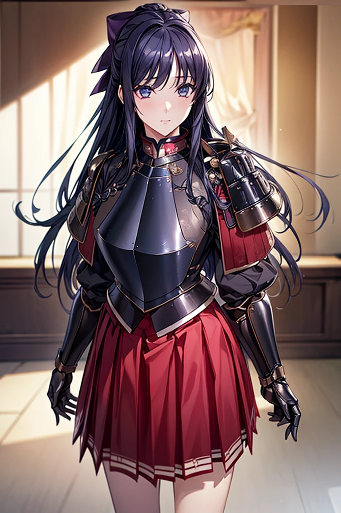 Highest quality、unity 8k wallpaper、32k、masterpiece、Very detailed、Ultra-high resolution、Very detailedな顔、RAW Photos、Professional、Ultra-fine painting、Fine metal texture、High quality fabric、Ryuzoji Akane、Hands on hips、Wearing armor、Pleated skirt、foot armor
