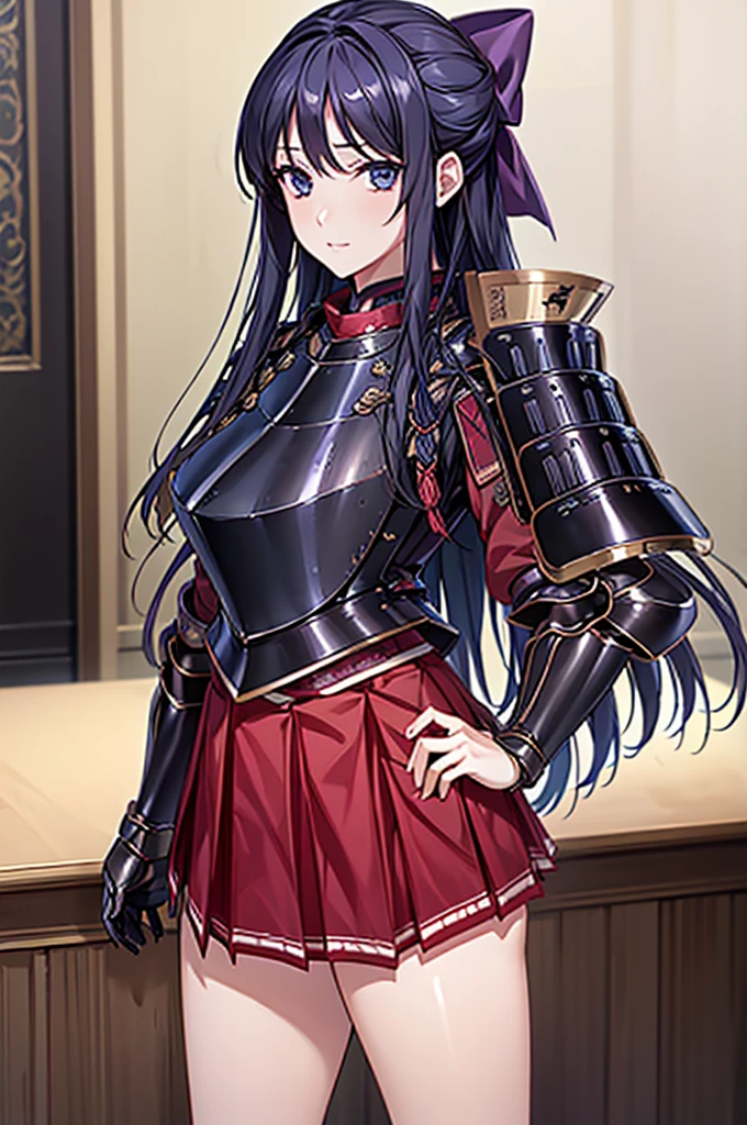 Highest quality、unity 8k wallpaper、32k、masterpiece、Very detailed、Ultra-high resolution、Very detailedな顔、RAW Photos、Professional、Ultra-fine painting、Fine metal texture、High quality fabric、Ryuzoji Akane、Hands on hips、Wearing armor、Pleated skirt、foot armor