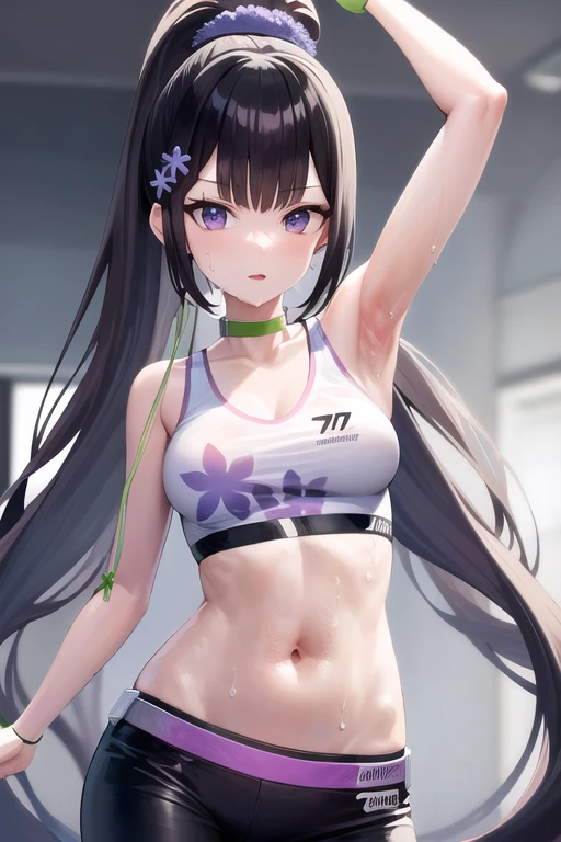 an anime drawing of a woman that is wearing headphones and sportswear, 1girl, solo, long hair, breasts, ass, black hair, looking at viewer, pants, midriff, black pants, ponytail, navel, purple eyes, sports bra, hair ornament, bare shoulders, choker, very long hair, sweat, scrunchie, green choker, bare arms, blurry, medium breasts, crop top, armpits, stomach, earphones, sweatband