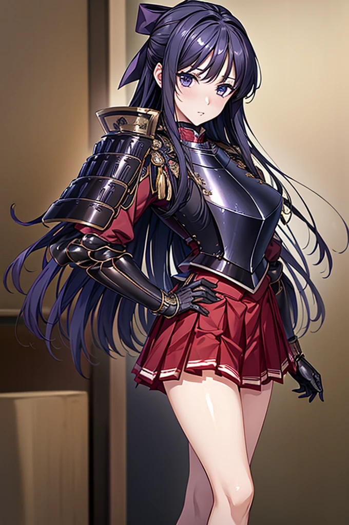 Highest quality、unity 8k wallpaper、32k、masterpiece、Very detailed、Ultra-high resolution、Very detailedな顔、RAW Photos、Professional、Ultra-fine painting、Fine metal texture、High quality fabric、Ryuzoji Akane、Hands on hips、Wearing armor、Pleated skirt、foot armor