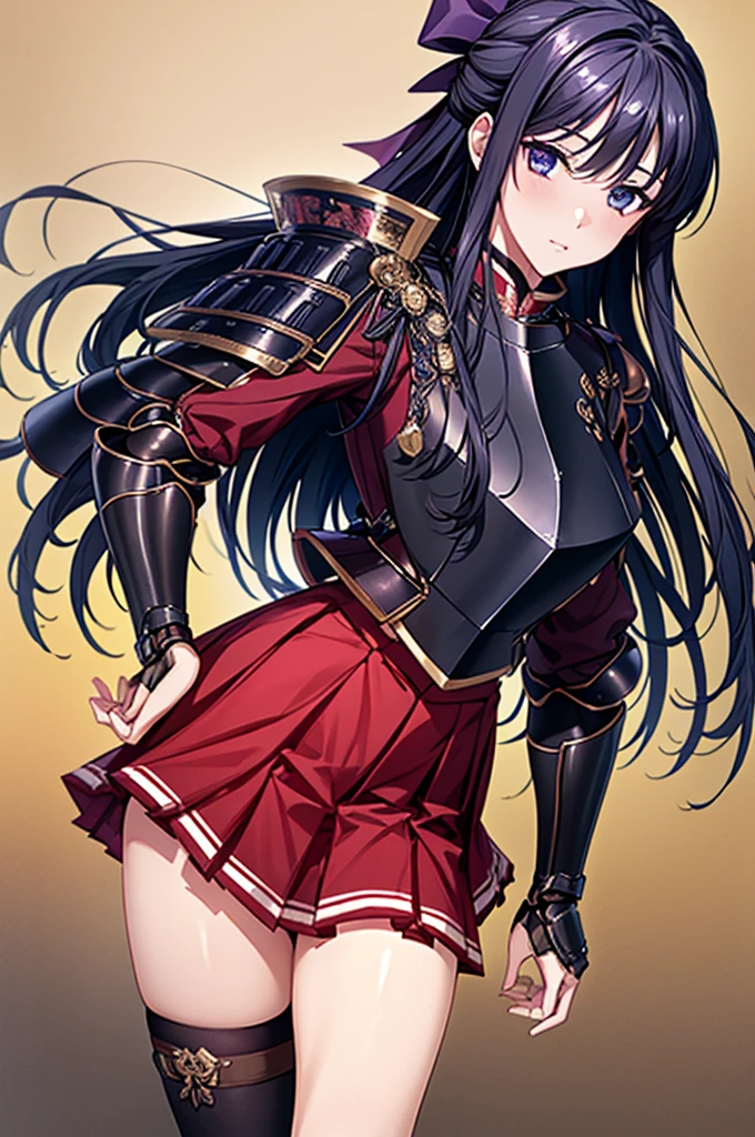 Highest quality、unity 8k wallpaper、32k、masterpiece、Very detailed、Ultra-high resolution、Very detailedな顔、RAW Photos、Professional、Ultra-fine painting、Fine metal texture、High quality fabric、Ryuzoji Akane、Hands on hips、Wearing armor、Pleated skirt、foot armor
