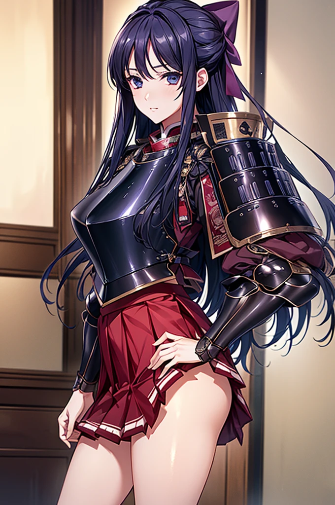 Highest quality、unity 8k wallpaper、32k、masterpiece、Very detailed、Ultra-high resolution、Very detailedな顔、RAW Photos、Professional、Ultra-fine painting、Fine metal texture、High quality fabric、Ryuzoji Akane、Hands on hips、Wearing armor、Pleated skirt、foot armor