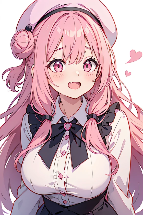 girl, cute anime girl, laughing, open mouth, beautiful hair style, hair in a bun, pink hair, long hair, messy hair, big eyes, pink eyes, big tits, blushing, girl, wearing beret hat
