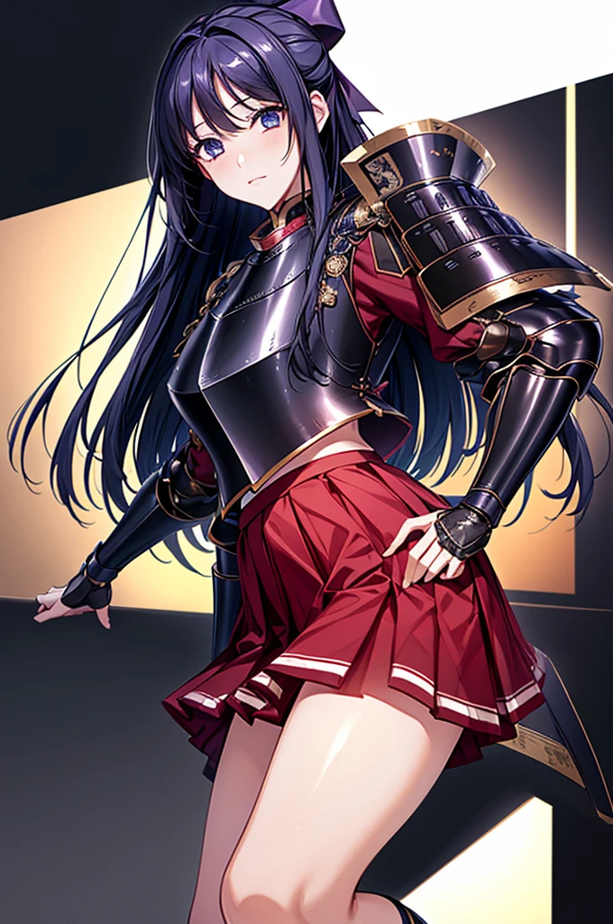 Highest quality、unity 8k wallpaper、32k、masterpiece、Very detailed、Ultra-high resolution、Very detailedな顔、RAW Photos、Professional、Ultra-fine painting、Fine metal texture、High quality fabric、Ryuzoji Akane、Hands on hips、Wearing armor、Pleated skirt、foot armor