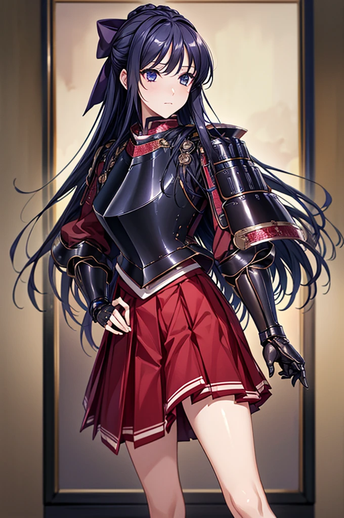 Highest quality、unity 8k wallpaper、32k、masterpiece、Very detailed、Ultra-high resolution、Very detailedな顔、RAW Photos、Professional、Ultra-fine painting、Fine metal texture、High quality fabric、Ryuzoji Akane、Hands on hips、Wearing armor、Pleated skirt、foot armor