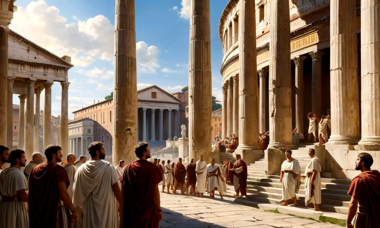 The painting depicts a vibrant scene in ancient Rome, with senators dressed in white robes arguing intensely under grand marble columns. Sunlight bathes the forum stairs, highlighting the imposing architecture and expressive faces of the speakers. Men in the background watch attentively, while the tension of the scene suggests fervent debates about the future of the Republic. The figures&#39; clothing and posture capture the grandeur and gravity of the historical moment..
