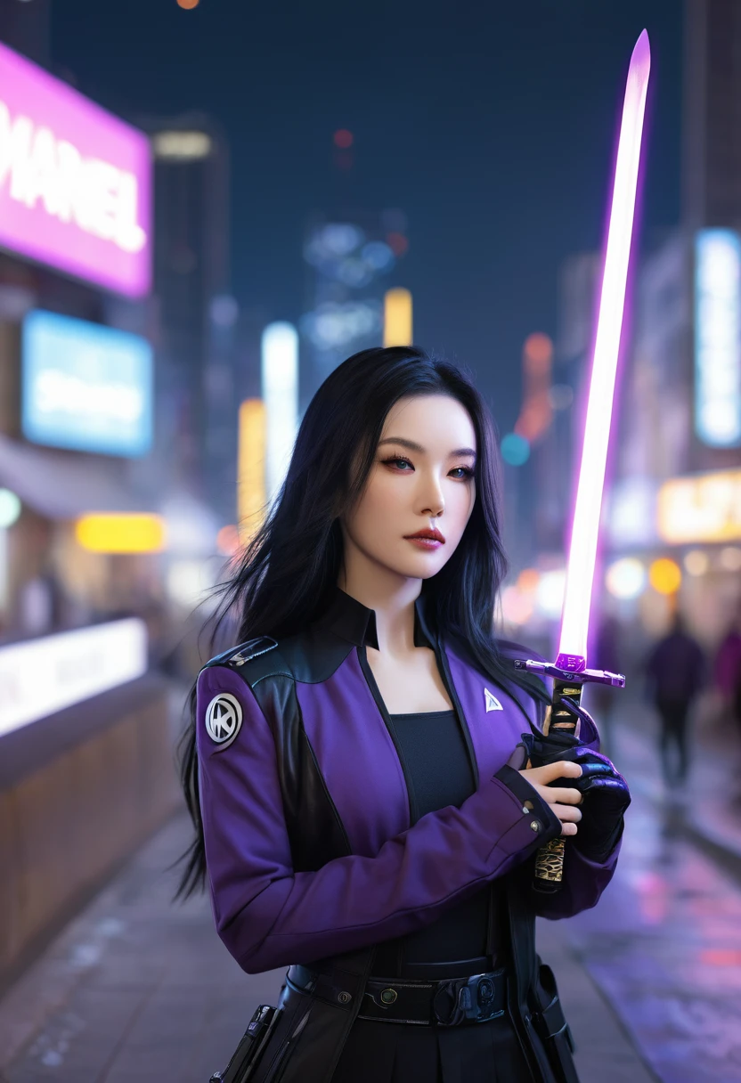 Beautiful woman, anti hero wearing black and purple uniform, laser katana sword in hand, white skin, long black hair, portrait, Jeff Bridges, ((cartoon style)), Marvel Cinematic Universe style, (((cyberpunk city in the background))), soft bokeh of futuristic city, Atey Ghailan, Jeremy Mann, Greg Manchess, Antonio Moro, trend in ArtStation, trend in CGSociety, Intricate, High Detail, Sharp focus, dramatic and photorealistic painting art by Midjourney and Greg Rutkowski, bokeh in the background