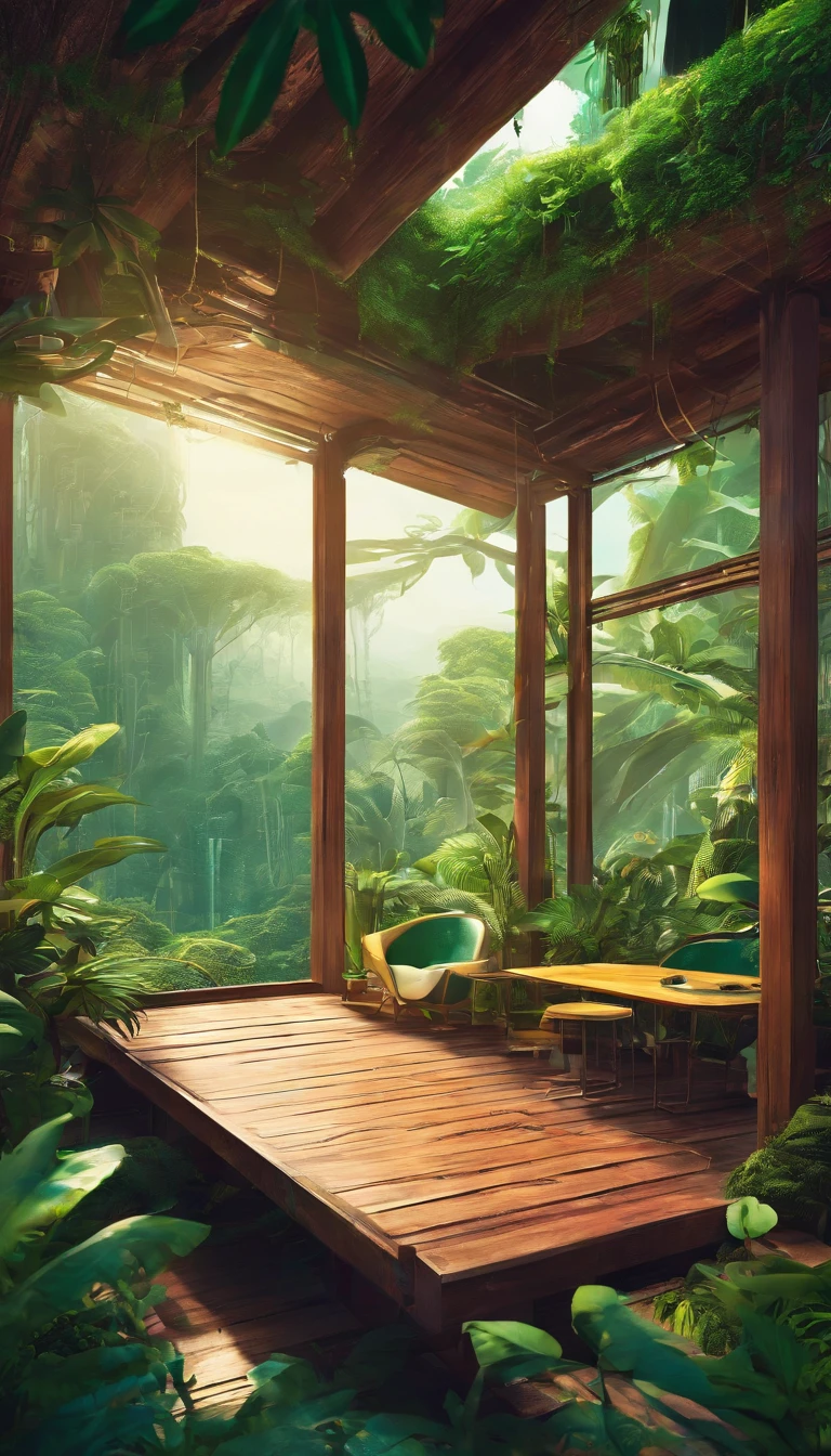 “A cozy wooden terrace in a jungle setting with two chairs and a table, surrounded by lush greenery.”