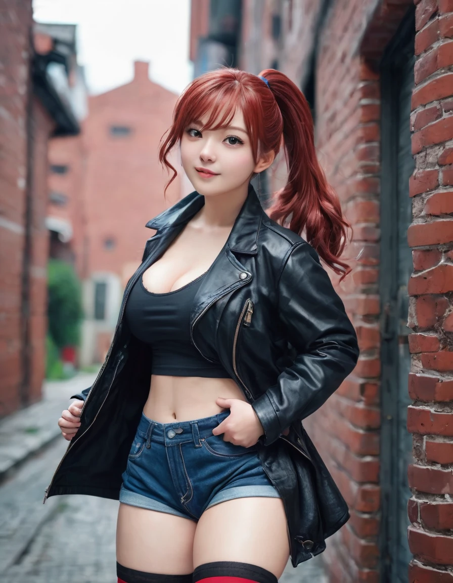 BREAK Perfect Anatomy、Highest quality、(cute:1.1)、(cute)、(High resolution:1.2)、Unbelievably absurd:1.3、Incredible illustrations、(cuteイラスト:1.2)、,(Beautiful background、Late Night、Red Brick Warehouse District)、1gial(Red hair、strong wavy hair、ponytail) height 1.6meters, chubby 40kg
,(Red Tank Top、Black leather jacket、Short denim、Thigh-high stockings)Large knife in hand、Against the wall、Glaring at me
