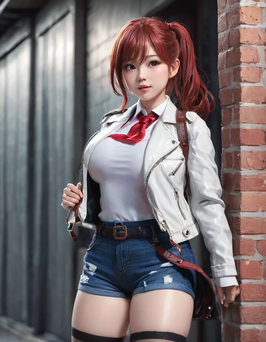 BREAK Perfect Anatomy、Highest quality、(cute:1.1)、(cute)、(High resolution:1.2)、Unbelievably absurd:1.3、Incredible illustrations、(cuteイラスト:1.2)、,（Beautiful background、Late Night、Red Brick Warehouse District）、1gial(Red hair、strong wavy hair、ponytail） height 1.6meters, chubby 40kg
,（Red Tank Top、Black leather jacket、Short denim、Thigh-high stockings）Large knife in hand、Against the wall、Glaring at me