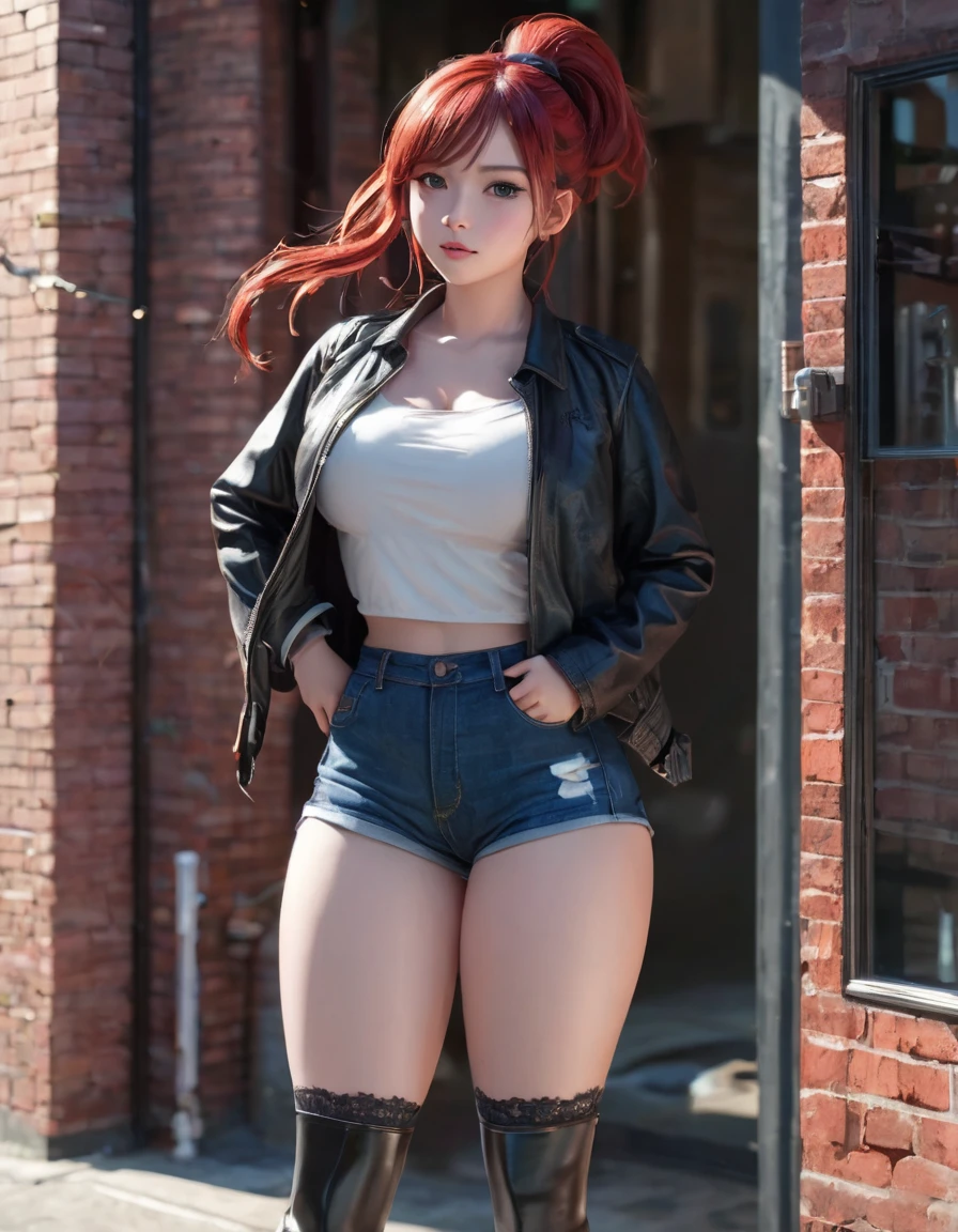 BREAK Perfect Anatomy、Highest quality、(cute:1.1)、(cute)、(High resolution:1.2)、Unbelievably absurd:1.3、Incredible illustrations、(cuteイラスト:1.2)、,（Beautiful background、Late Night、Red Brick Warehouse District）、1gial(Red hair、strong wavy hair、ponytail） height 1.6meters, chubby 40kg
,（Red Tank Top、Black leather jacket、Short denim、Thigh-high stockings）Large knife in hand、Against the wall、Glaring at me