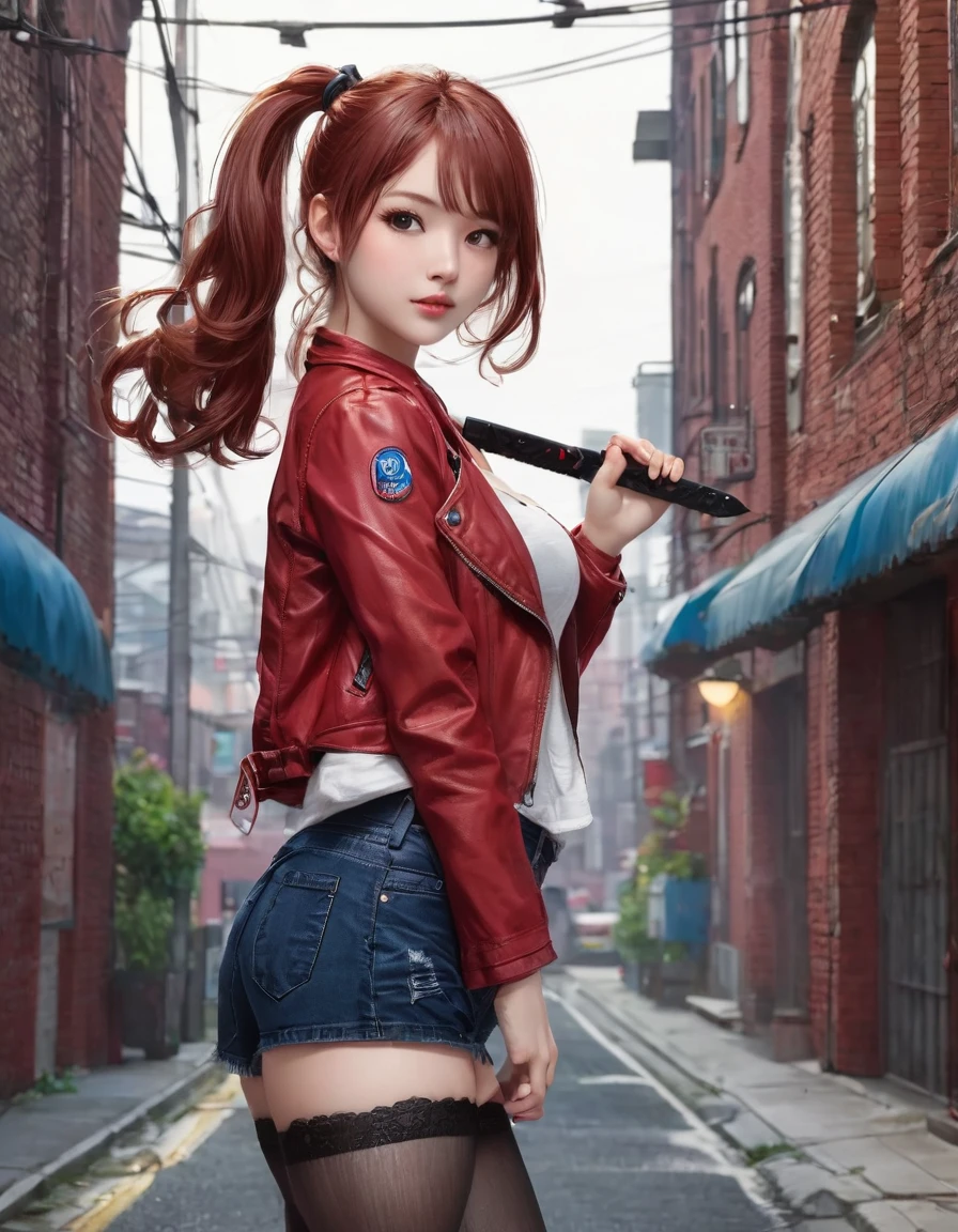 BREAK Perfect Anatomy、Highest quality、(cute:1.1)、(cute)、(High resolution:1.2)、Unbelievably absurd:1.3、Incredible illustrations、(cuteイラスト:1.2)、,(Beautiful background、Late Night、Red Brick Warehouse District)、1gial(Red hair、strong wavy hair、ponytail) height 1.6meters, chubby 40kg
,(Red Tank Top、Black leather jacket、Short denim、Thigh-high stockings)Large knife in hand、Against the wall、Glaring at me