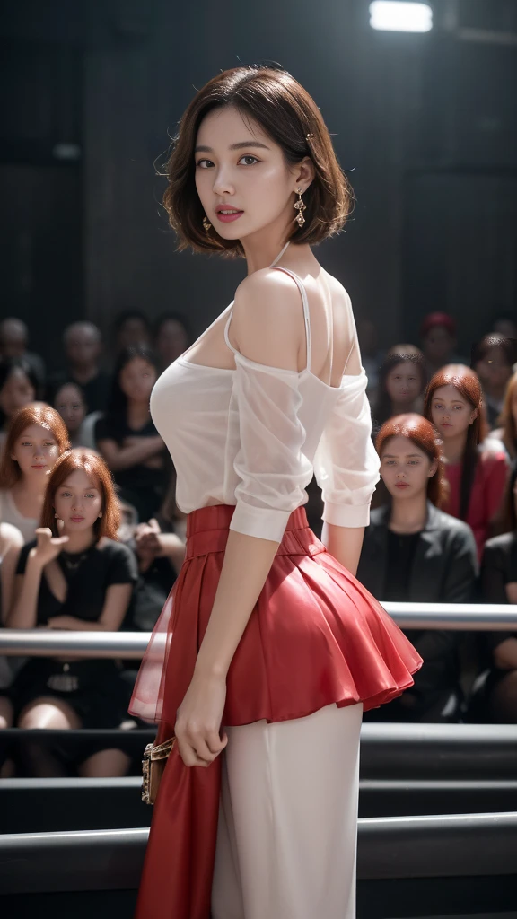 8K, masterpiece, RAW photos, best quality, Reality, extremely detailed CG unity 8K wallpaper, Depth of Field, light, lens flare, Ray Tracing, (Extremely beautiful face, Beautiful lips, beautiful eyes), Complex facial details, ((Ultra-delicate skin)) 1 Girl, in the darkness, Deep Shadows, Beautiful Korean girl, Korean Idol,(Very slim slender fit-muscled body:1.3), ((Looking at the audience)),(A bright smile:1.3), (Fashion City Night, (Neon), (Blurred background), midnight, (nobody), (背景中nobody:1.3), Beautiful Korean girl, White Diamond Earrings, Diamond Bracelet, Deya Necklace, Pantyhose, Clear eyes, walk , front Photo, (Pale skin), Facing forward, (big eyes), full-body shot, ((see through, White top)), ((Red Skirt :1.3)), (Brown hair) (Looking at the audience:1.3), (Lace), Very slim, Medium breasts, Hermès bag