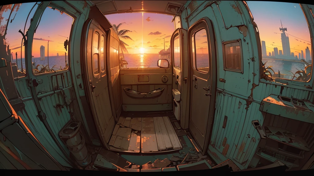 (((Fisheye))), very wide white background, extreme quality, masterpiece, 8k, depth of field, intricate details, (((unattended))), very large margins, lots of text, corporate logo, space, movie poster, (((abandoned building with sea view))), (((all covered with plants)))), nostalgia, (((sunset))), (((Broken and rusted car))), panorama, long shot, backlight, (((dull color))), (((black color))),broken door, (((Night))), (((future interior)))(best quality, 4k, highres, masterpiece:1.2), ultra-detailed, realistic:1.37, cyberpunk style cluttered room, more neon, many machines of unknown use, large windows with a sense of openness, sunny outside,