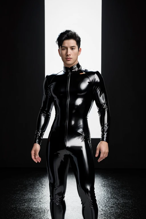  young handsome hunky blonde messy  muscular superhero, black cats ears,  bright white glowing skin, bright fiery aura, with black hair,, wearing black full body honeycomb textured skin tight suit latex spandex .