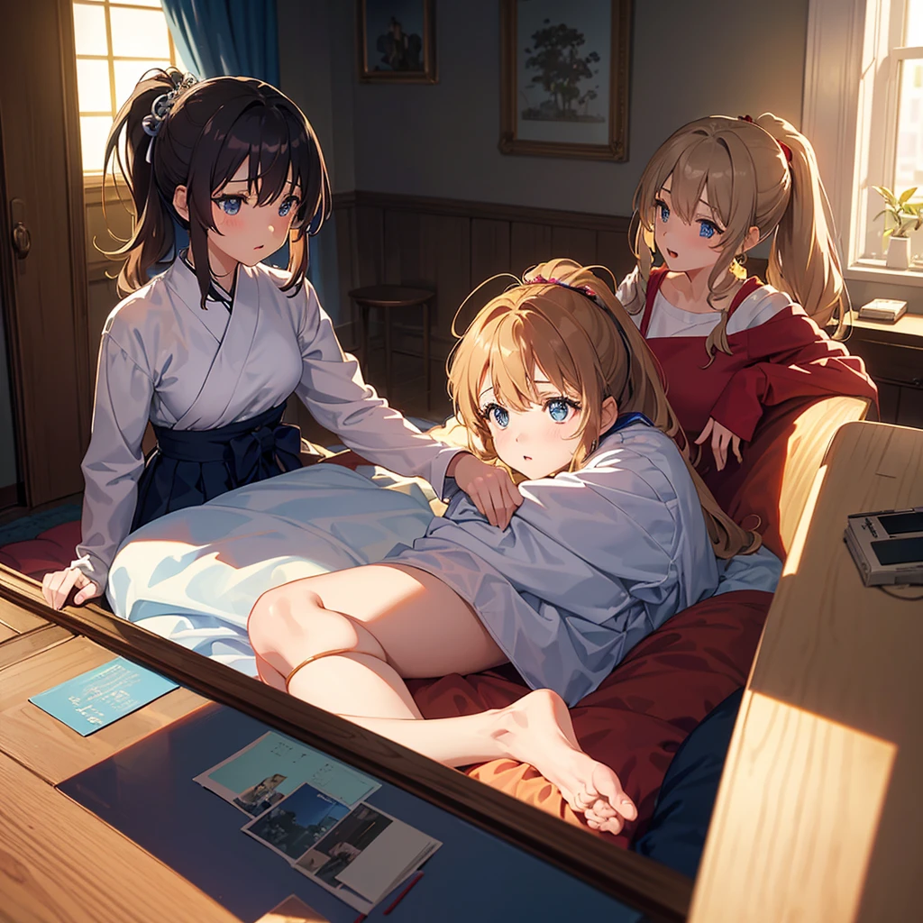 Absurd resolution, high resolution, (masterpiece: 1.4), super detailed, (((detailed face, detailed expression)), two girls, girl and girl, friends, best friends, classmates, relaxing, ponytail, bob, sitting on bed, sitting on the floor, two people conversing, background in room, friends, best friend, home, 1K, small room, curtains, bed, TV, desk, room wear, kyoto animation, The atmosphere of Kyoto Animation, (tearful)