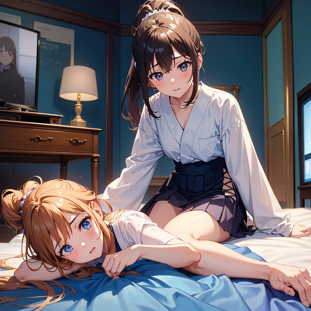 Absurd resolution, high resolution, (masterpiece: 1.4), super detailed, (((detailed face, detailed expression)), two girls, girl and girl, friends, best friends, classmates, relaxing, ponytail, bob, sitting on bed, sitting on the floor, two people conversing, background in room, friends, best friend, home, 1K, small room, curtains, bed, TV, desk, room wear, kyoto animation, The atmosphere of Kyoto Animation, (tearful)