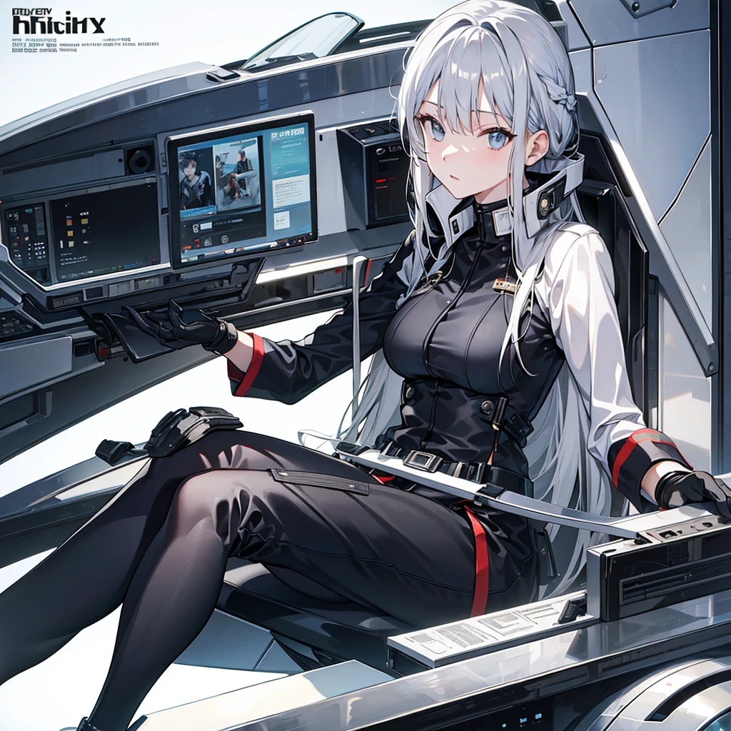 Very sexy military clothing ,silver hair and very sexy look ,in a tempting position ,sitting and with background fashion magazine style