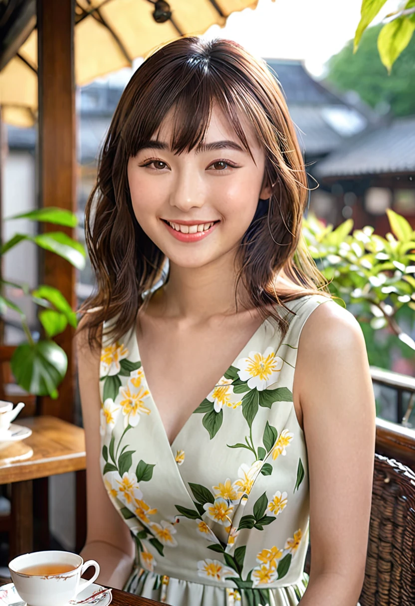 (Highest quality,8K quality,masterpiece:1.3),(Ultra-high resolution,Realistic:1.4,Live Shooting),(Very detailed,Caustics),(Ultra-Realistic Capture,(((Afternoon tea))),Beautiful and detailed skin),19 years old,Beautiful Japanese, Medium Hair, Asymmetrical bangs, Brown Hair, I'm looking at the camera with a smile on my face,Soft Light,A ray of light shining from above,Natural light，((Summer Dresses))，(((One female))),Cafe Terrace,Tea making facilities