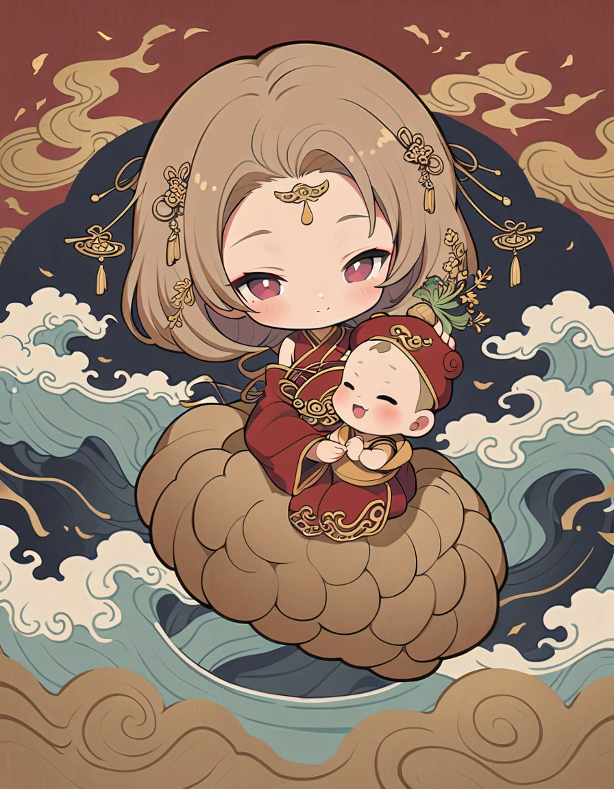 Dunhuang art style illustration,A small Shiba Inu monk sitting on the giant hand of Kannon,Chibi Shiba Inu Baby Monk、Embraced by the rolling waves,Very delicate brushwork, Soft and smooth,Chinese Red and Indigo,The background features an auspicious cloud pattern painted in gold leaf. ，green onion 
