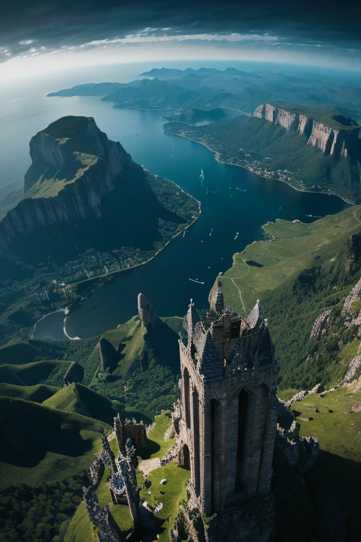 Dynamic aerial photography. Incredibly detailed and high quality. Fantasy adventure world. I can see beyond the horizon. Dark Theme. 