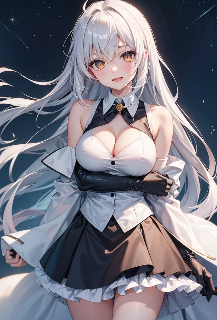 slender, mature female,rating:safe, 1girl, blurry, depth_of_field,long_hair, blurry_background, solo, breasts, blurry_foreground, open_mouth, gloves, ahoge, looking_at_viewer,  yellow_eyes, silver_hair, bare_shoulders, :d, large_breasts, hair_between_eyes, smile, white_gloves, cleavage, eyebrows_visible_through_hair, bangs, shirt, long_sleeves, sleeveless, blush, jacket, very_long_hair, medium_breasts, white_shirt, collared_shirt, dress, cowboy_shot, outdoors, coat, sleeveless_shirt, floating_hair, starry_sky, night, skirt, standing, elbow_gloves, white_dress, sitting, hand_up, brown_eyes, thighs