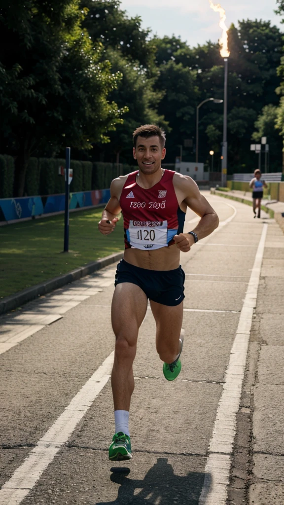 A man running to a finsh line with a Olympics torch in his right hand